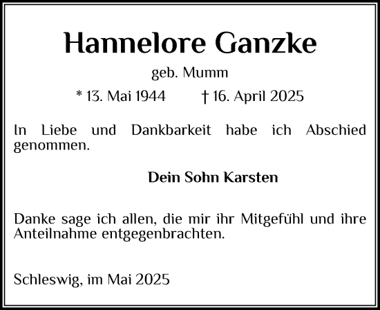 Traueranzeige von Hannelore Ganzke von Schleswiger Nachrichten, Schlei-Bote