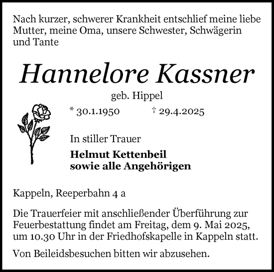 Traueranzeige von Hannelore Kassner von Schleswiger Nachrichten, Schlei-Bote, Eckernförder Zeitung