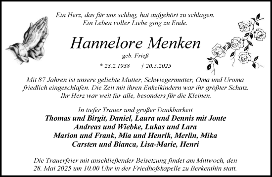 Traueranzeige von Hannelore Menken von MARKT Ratzeburg/Mölln
