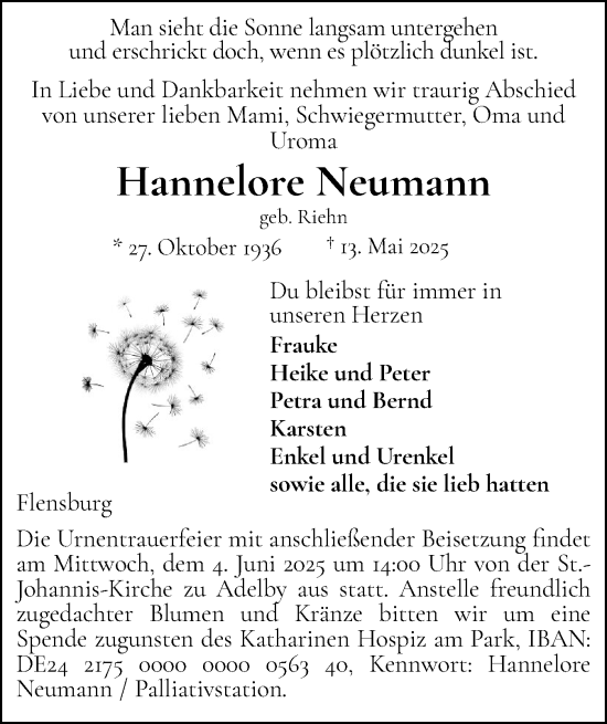 Traueranzeige von Hannelore Neumann von Flensburger Tageblatt