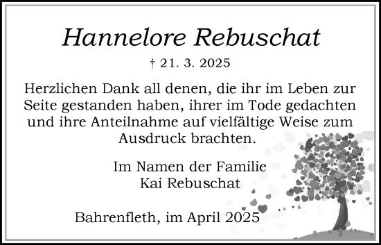 Traueranzeige von Hannelore Rebuschat von Norddeutsche Rundschau, Wilstersche Zeitung, Glückstädter Fortuna