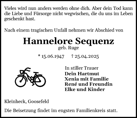 Traueranzeige von Hannelore Sequenz von Eckernförder Zeitung, Hallo Eckernförde