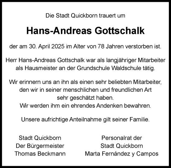 Traueranzeige von Hans-Andreas Gottschalk von Umschau