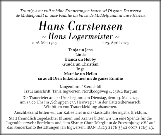 Traueranzeige von Hans Carstensen von Husumer Nachrichten, Nordfriesland Tageblatt