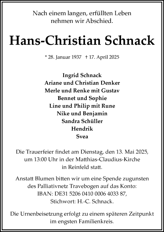 Traueranzeige von Hans-Christian Schnack von MARKT Bad Oldesloe/Reinfeld und Stormarner Tageblatt