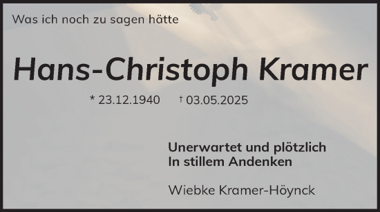 Traueranzeige von Hans-Christoph Kramer von Flensburger Tageblatt