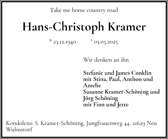 Traueranzeige von Hans-Christoph Kramer von Flensburger Tageblatt