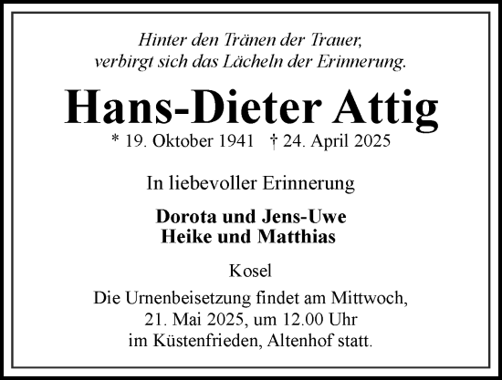 Traueranzeige von Hans-Dieter Attig von Eckernförder Zeitung