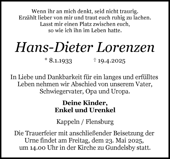 Traueranzeige von Hans-Dieter Lorenzen von Schleswiger Nachrichten, Schlei-Bote