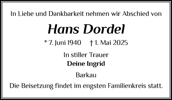 Traueranzeige von Hans Dordel von Ostholsteiner Anzeiger