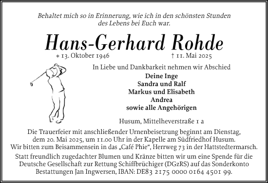Traueranzeige von Hans-Gerhard Rohde von Husumer Nachrichten, Nordfriesland Tageblatt