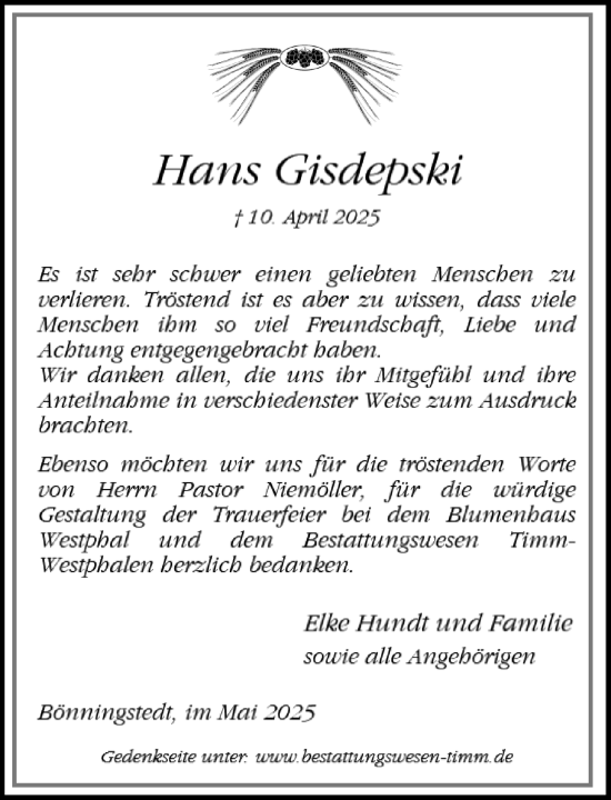 Traueranzeige von Hans Gisdepski von Umschau