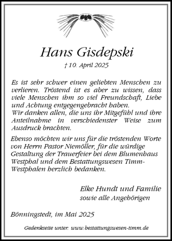 Traueranzeige von Hans Gisdepski von Region Pinneberg und tip Pinneberg