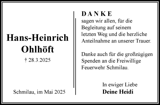 Traueranzeige von Hans-Heinrich Ohlhöft von MARKT Ratzeburg/Mölln