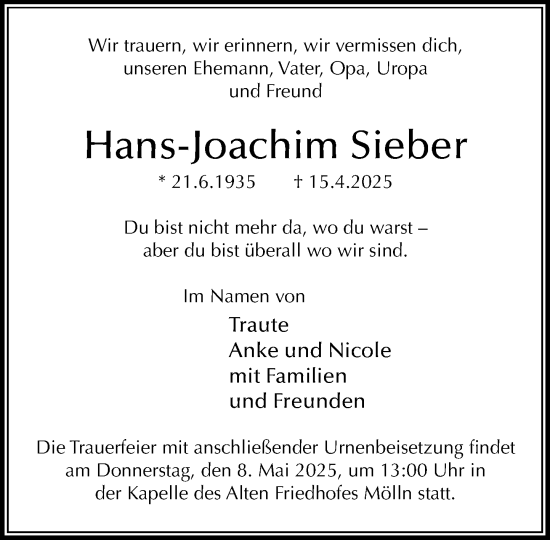 Traueranzeige von Hans-Joachim Sieber von MARKT Ratzeburg/Mölln