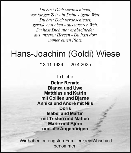 Traueranzeige von Hans-Joachim Wiese von Holsteinischer Courier