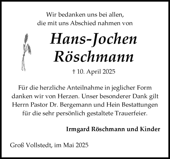 Traueranzeige von Hans-Jochen Röschmann von Schleswig-Holsteinische Landeszeitung