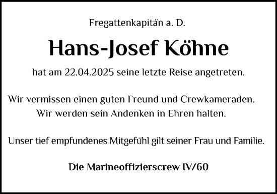 Traueranzeige von Hans-Josef Köhne von Flensburger Tageblatt