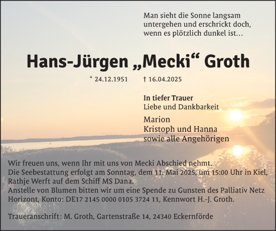 Traueranzeige von Hans-Jürgen Groth von Eckernförder Zeitung, Hallo Eckernförde