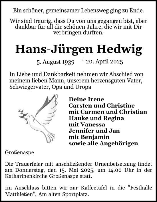 Traueranzeige von Hans-Jürgen Hedwig von Holsteinischer Courier