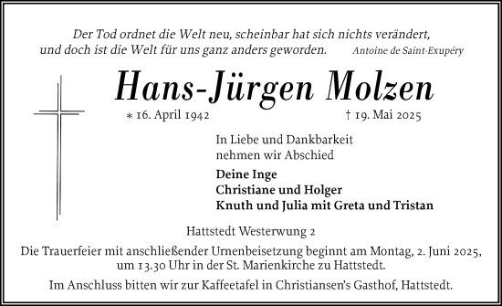 Traueranzeige von Hans-Jürgen Molzen von Husumer Nachrichten, Nordfriesland Tageblatt