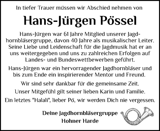 Traueranzeige von Hans-Jürgen Pössel von Schleswig-Holsteinische Landeszeitung
