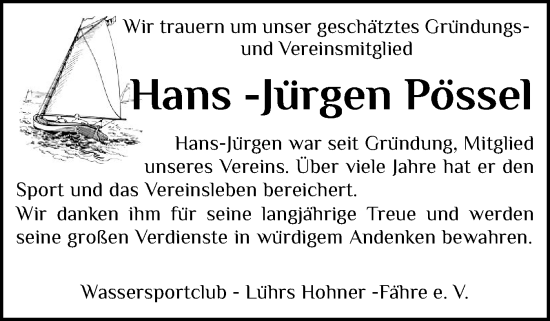 Traueranzeige von Hans-Jürgen Pössel von Schleswig-Holsteinische Landeszeitung