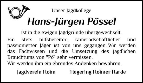 Traueranzeige von Hans-Jürgen Pössel von Schleswig-Holsteinische Landeszeitung
