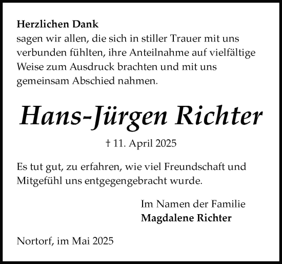 Traueranzeige von Hans-Jürgen Richter von Schleswig-Holsteinische Landeszeitung