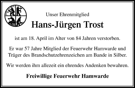 Traueranzeige von Hans-Jürgen Trost von Wochenend Anzeiger
