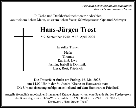 Traueranzeige von Hans-Jürgen Trost von Wochenend Anzeiger
