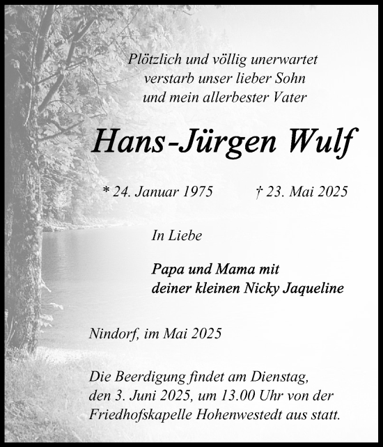 Traueranzeige von Hans-Jürgen Wulf von Schleswig-Holsteinische Landeszeitung