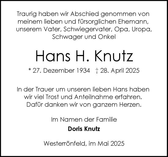 Traueranzeige von Hans Knutz von Schleswig-Holsteinische Landeszeitung