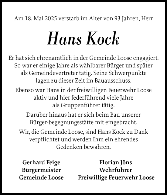 Traueranzeige von Hans Kock von Eckernförder Zeitung, Hallo Eckernförde