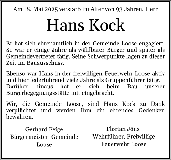 Traueranzeige von Hans Kock von Eckernförder Zeitung, Hallo Eckernförde