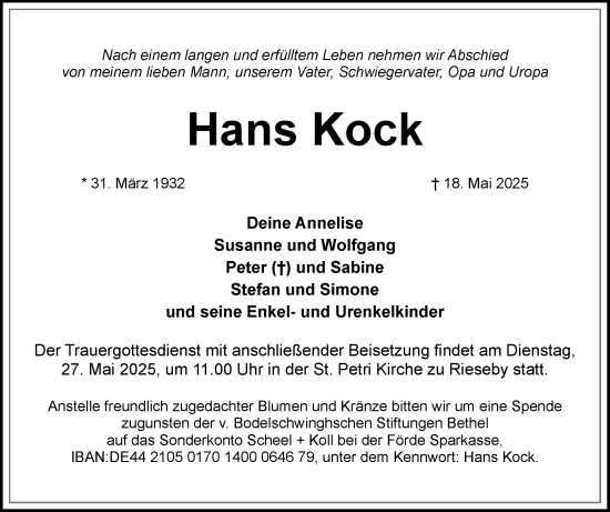 Traueranzeige von Hans Kock von Eckernförder Zeitung, Hallo Eckernförde