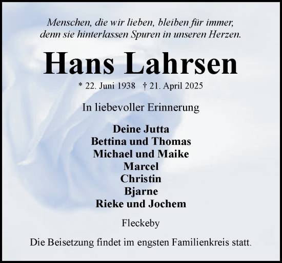 Traueranzeige von Hans Lahrsen von Eckernförder Zeitung, Hallo Eckernförde