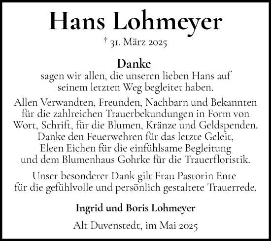 Traueranzeige von Hans Lohmeyer von Schleswig-Holsteinische Landeszeitung