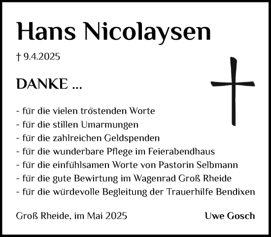 Traueranzeige von Hans Nicolaysen von Schleswiger Nachrichten, Schlei-Bote