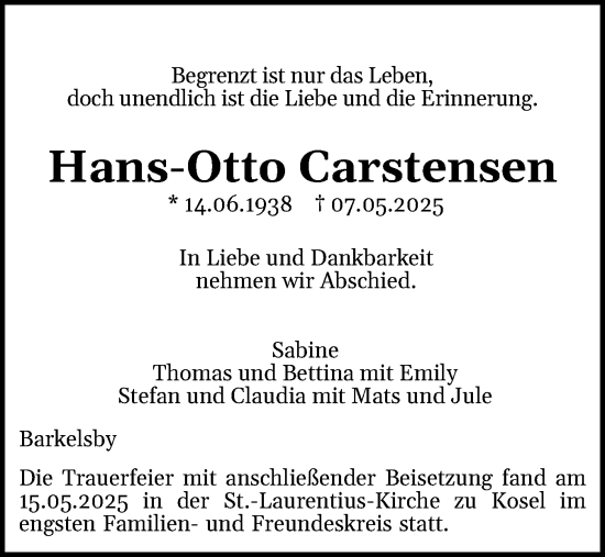Traueranzeige von Hans-Otto Carstensen von Eckernförder Zeitung, Hallo Eckernförde