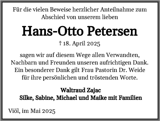Traueranzeige von Hans-Otto Petersen von Husumer Nachrichten, Nordfriesland Tageblatt