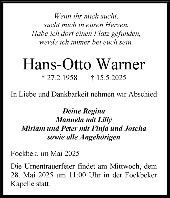 Traueranzeige von Hans-Otto Warner von Schleswig-Holsteinische Landeszeitung