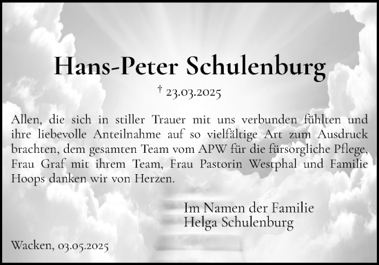 Traueranzeige von Hans-Peter Schulenburg von Norddeutsche Rundschau, Wilstersche Zeitung, Glückstädter Fortuna