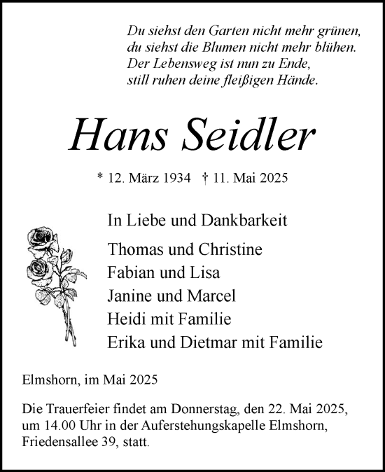Traueranzeige von Hans Seidler von Elmshorner Nachrichten, Barmstedter Zeitung