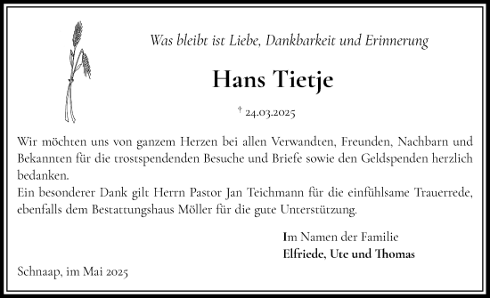 Traueranzeige von Hans Tietje von Hallo Eckernförde