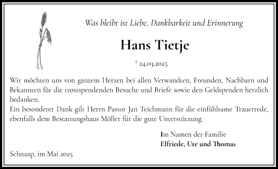 Traueranzeige von Hans Tietje von Eckernförder Zeitung