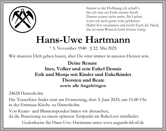 Traueranzeige von Hans-Uwe Hartmann von Umschau