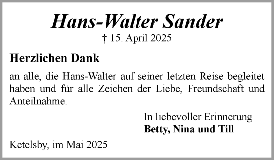 Traueranzeige von Hans-Walter Sander von Flensburger Tageblatt, Schleswiger Nachrichten, Schlei-Bote