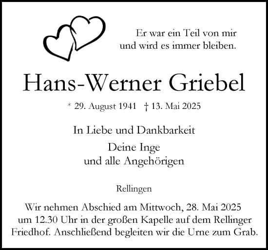 Traueranzeige von Hans-Werner Griebel von Region Pinneberg und tip Pinneberg