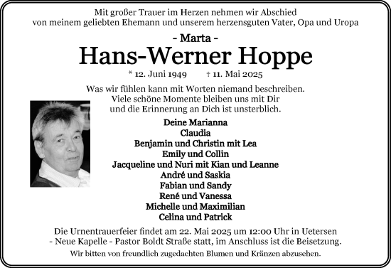 Traueranzeige von Hans-Werner Hoppe von Uetersener Nachrichten, Der tip am Wochenende